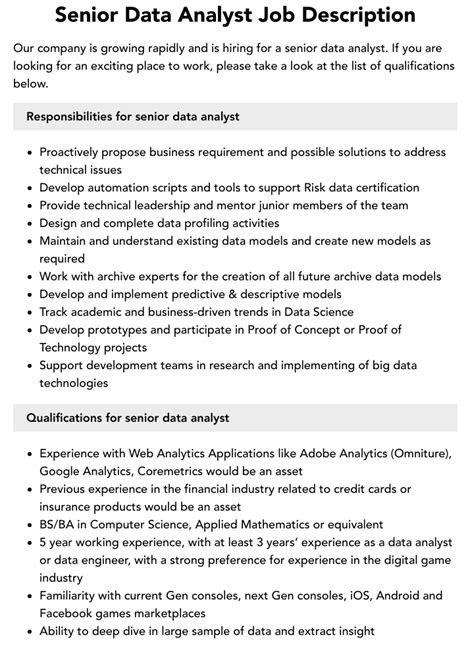 Senior Data Analyst Job Details .
